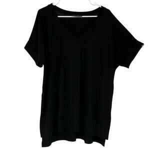 Shelia Rose Cuffed Short Sleeve Hi-Lo Tunic V-Neck Tee Shirt in Black Size Large
